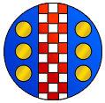Azure, a pale checky gules and argent between six bezants in pale three and three