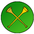 vert, two straight trumpets in saltire Or, bells in chief