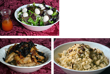 Salad, fish, chicken and rice